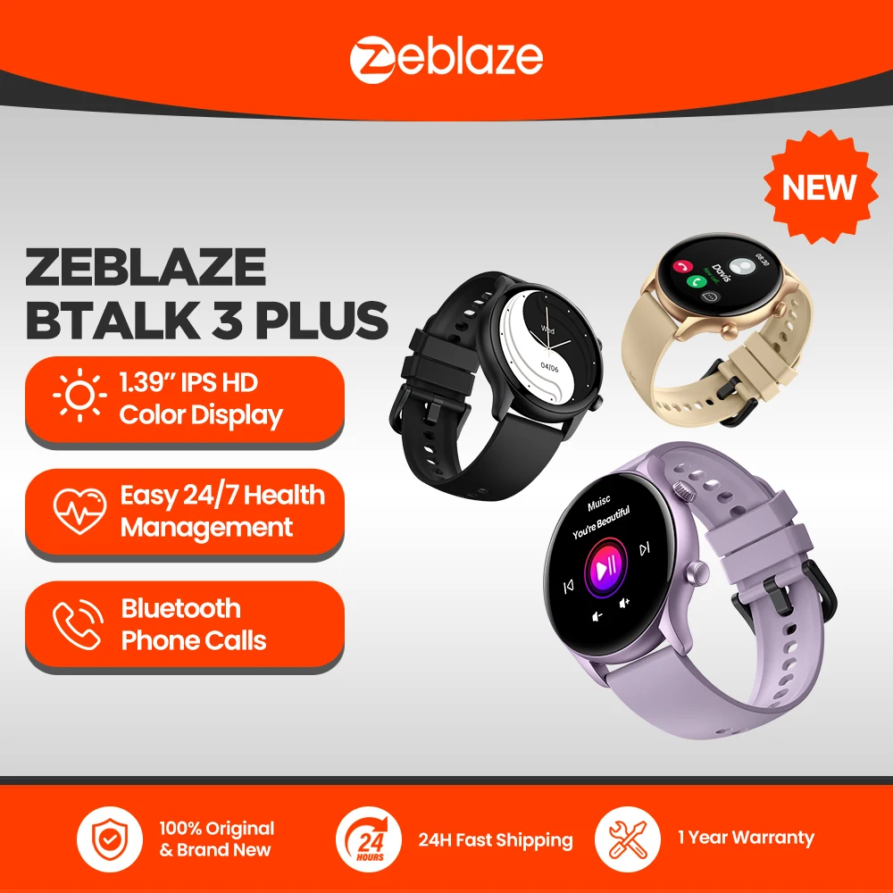 New Zeblaze Btalk 3 Plus Voice Calling Smartwatch 1.39\'\' Large HD Color Display Health Monitoring Sports Smart Watch