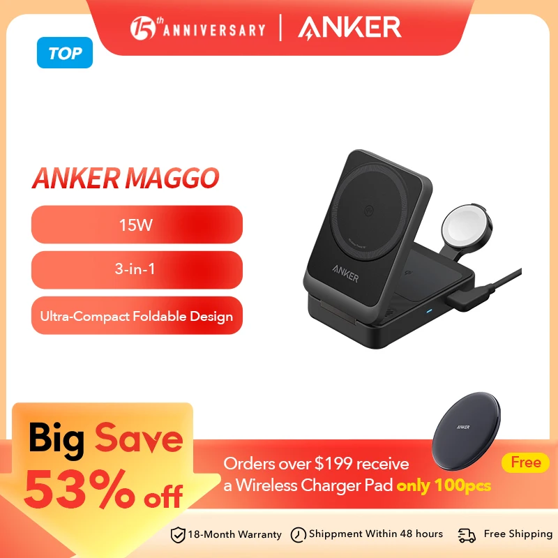 Anker MagGo 3-in-1 Charging Station, Qi2 Certified 15W MagSafe-Compatible Wireless Charger Stand,Apple Watch Charger for MagSafe