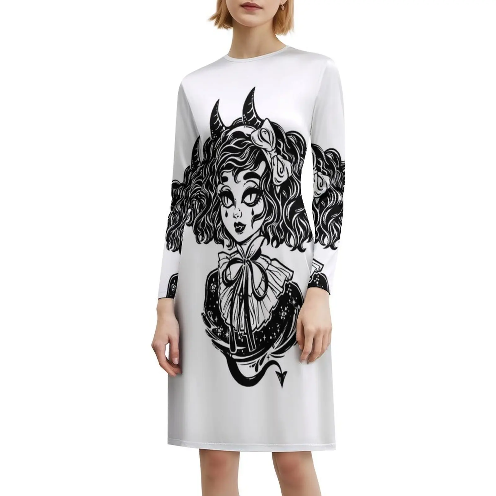 Ritratto di testa di ragazza demoniaca gotica con corna Imp e abito da festa elegante da donna Abito a trapezio con corto/lungo/senza maniche
