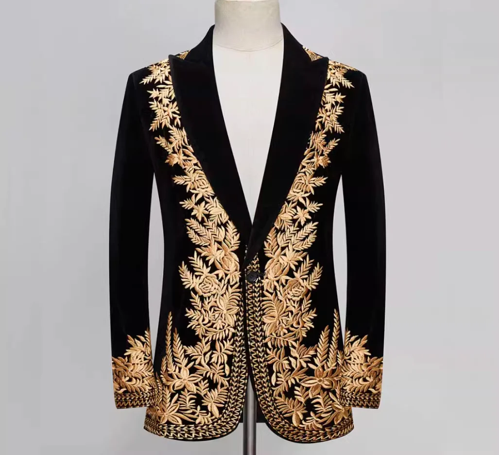 Fashionable collar embroidered slim fit suit jacket men European and American personalized stage male singer costume jacket