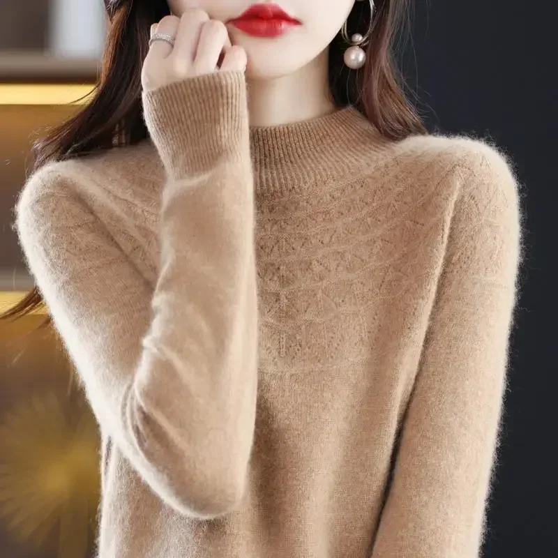 

2025 Winter Women's Sweater Woold Mock Neck Cashmere Knitted Soft Warm Female Tops Pullover Slim Elegant Clothing Tops