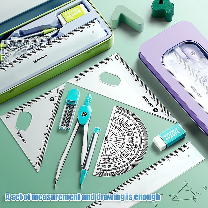 7Pcs Compass Ruler Set Student Ruler Set Cute Triangle Ruler Set Exam Specific Ruler Box Set Drawing Tools School Supplies