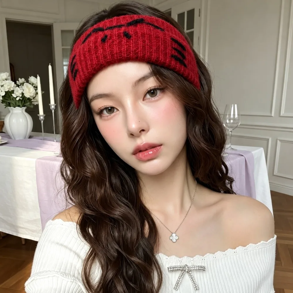 Trendy Cat Pattern Knitted Headband Fabric Wide Elastic Hair Band Soft Stretchy Wide Hair Wrap Party Look