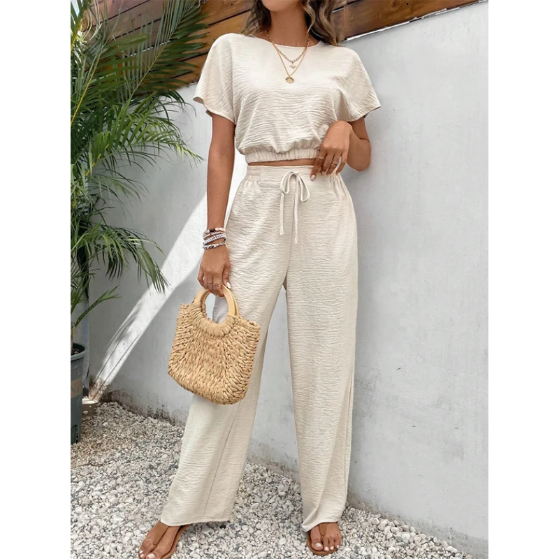 Chic Elegant Two Piece Set for Women Back Button Crop Top + Drawstring Long Pants Sets Office Lady Summer Women's Suit