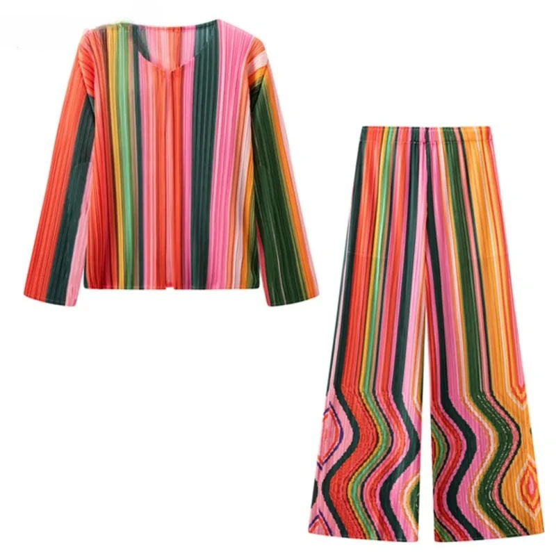 

Miyake 2025 Summer New Fashion Pleated Two Piece Women's Striped Printed Cardigan Full Sleeve Top Elastic Waist Womenswear