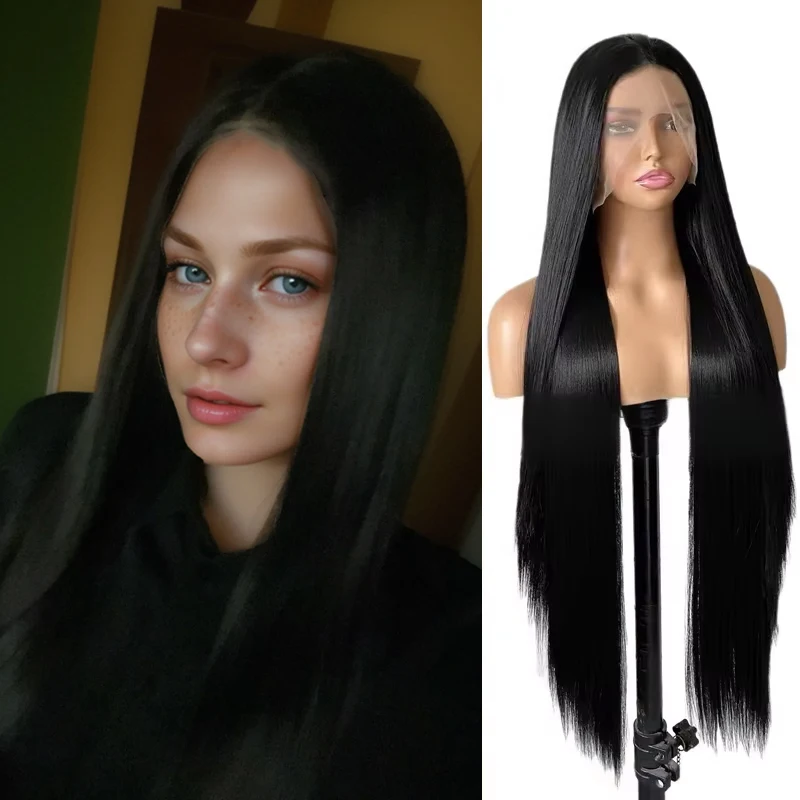 

Натуральный черный длинный прямой парик с кружевной передней частью из термостойкого синтетического волокна HD для женщин