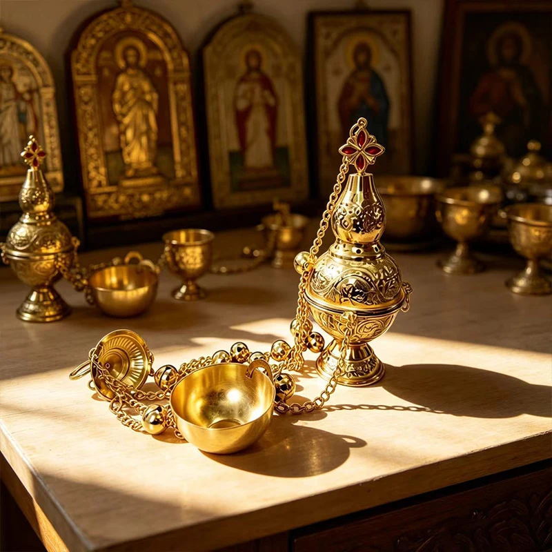 Neuer hochwertiger vergoldeter orthodoxer Weihrauchbrenner mit Kette und Glocken für Kirchenliturgie, Segnung und religiöse Zeremonien – Detail 2