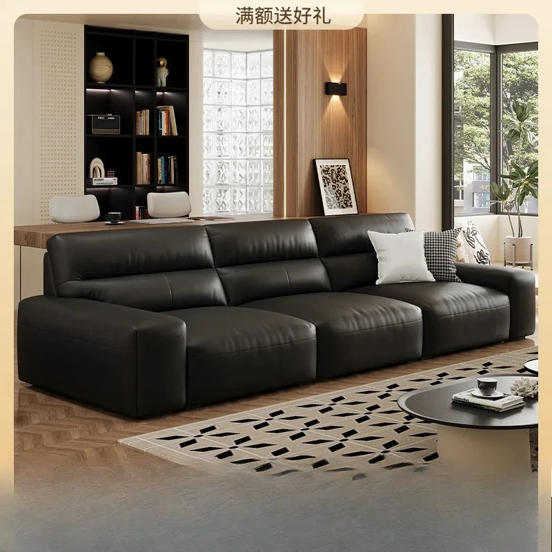 Tongyu special first-layer cowhide sofa living room 2024 new big black cow straight row retro tofu block leather sofa
