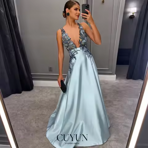 CUYUN Deep V-Neck Formal Evening Dress A Line Lace Floral Appliques Satin Customized Party Dress For Weddings Party Banquet