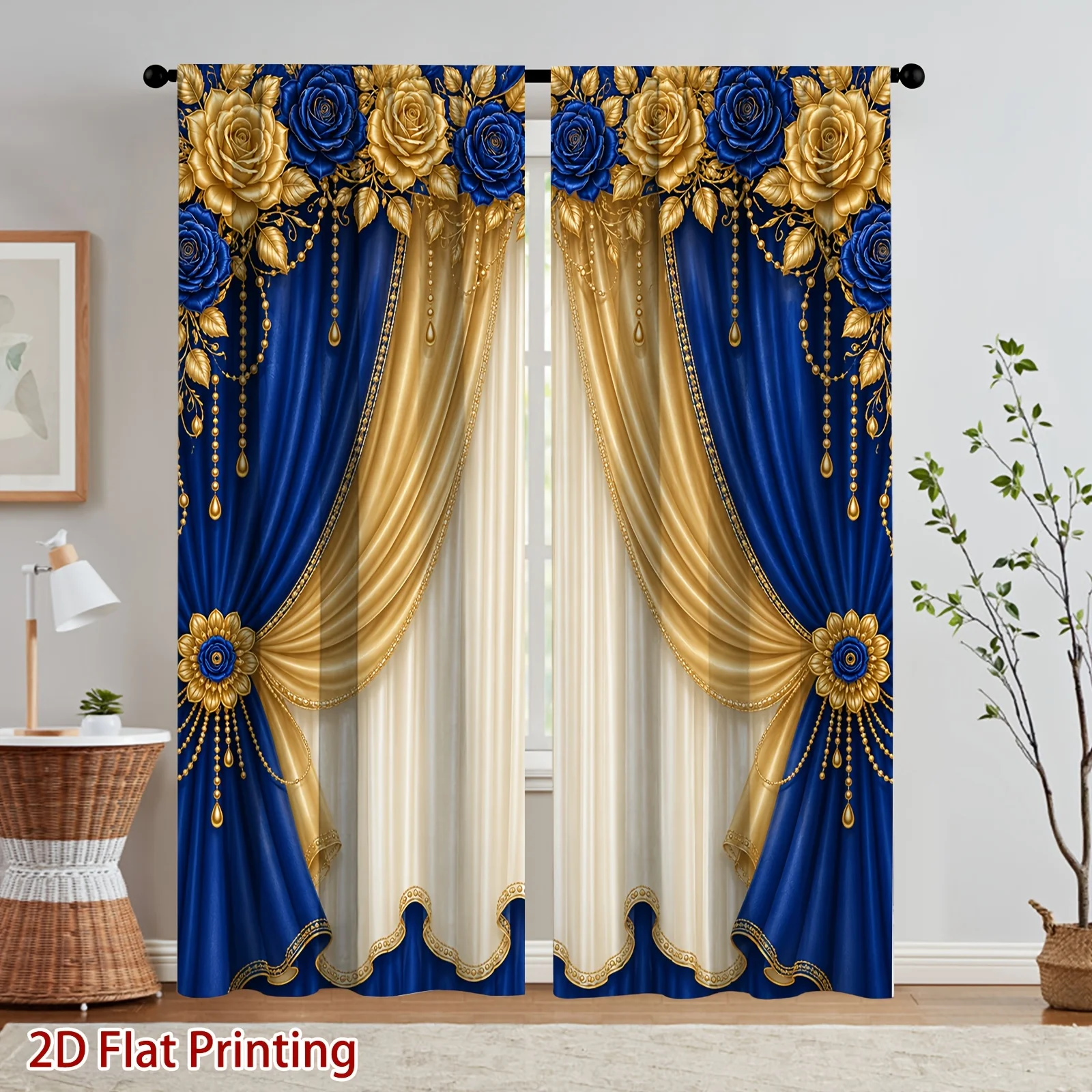 Noble Blue Gold Curtain Panels, 3D Fake Satin Drape Golden Blue Rose Pendant Bead Print Drapes for Apartment Glam‑tone Living