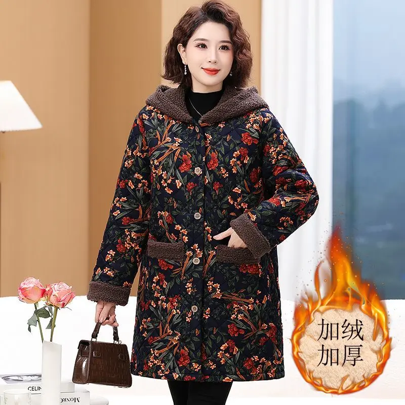 Mamma di mezza età e anziani Stampa floreale Giacca lunga in cotone foderata in pile Cappotto invernale caldo con cappuccio per cappotti addensati alla moda TS472