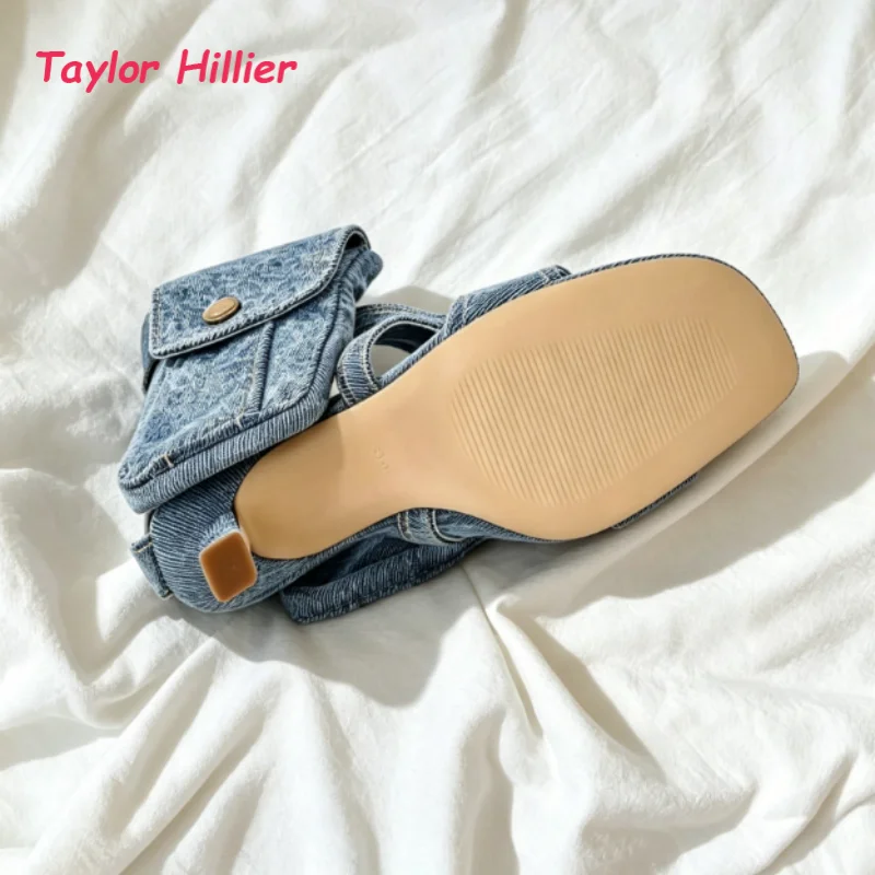 Square Toe Crisscross Wrap Ankle Buckle Sandals Ladies Blue Denim Stiletto High Heels Outdoor Y2K Street Style Party Dress Shoes