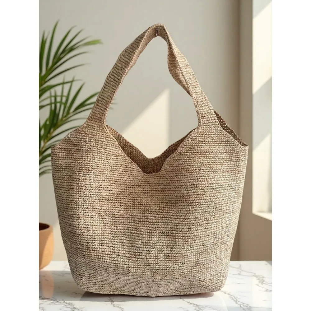 Hand Hook Raffia Woven Bag Women's Summer Outing Large Capacity Shoulder Tote Bag Vacation Portable Beach Texture Fashion Simple