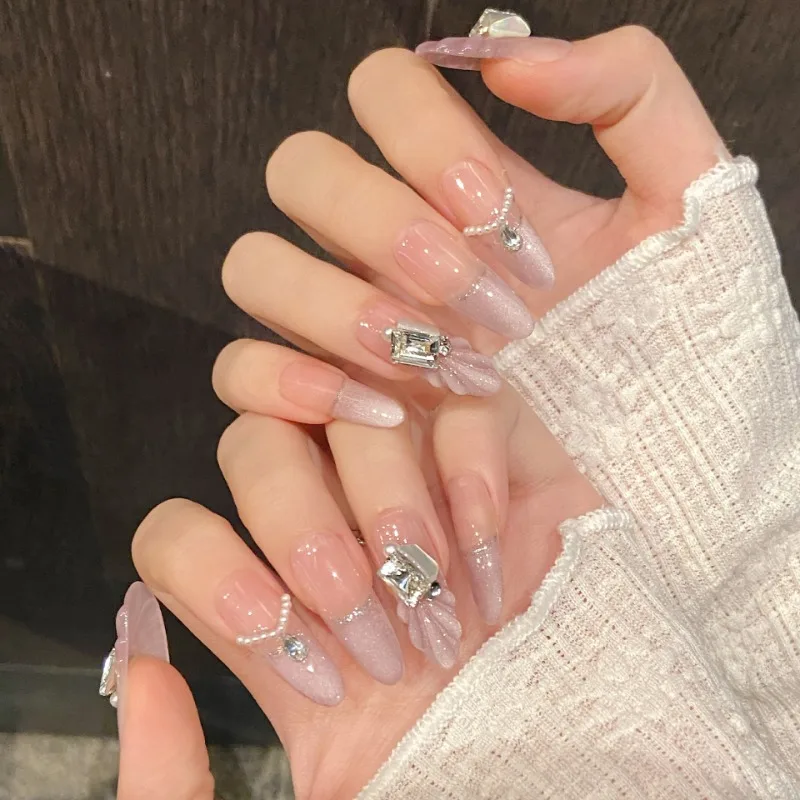 Handgemaakte pers op nagels Paars Cat Eye Kunstnagels 3D Shell Franse lange nepnagels Dames Prothetische nagelset met doos en gereedschap