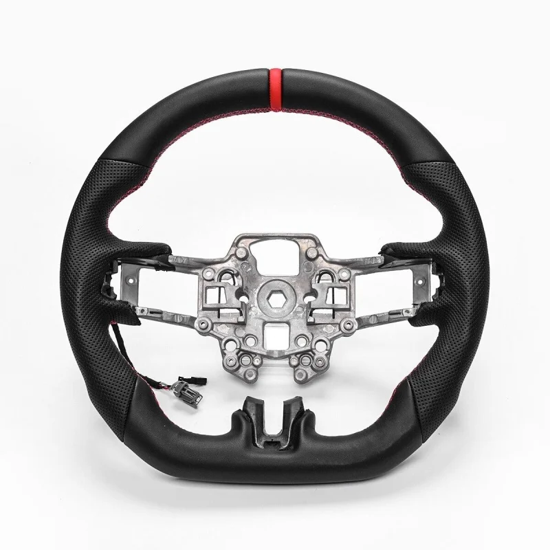 Full Leather Heated Steering Wheel Compatible with Ford Mustang 2018-2022, Red Flat Top Position Marker Line Shelby Style Sport