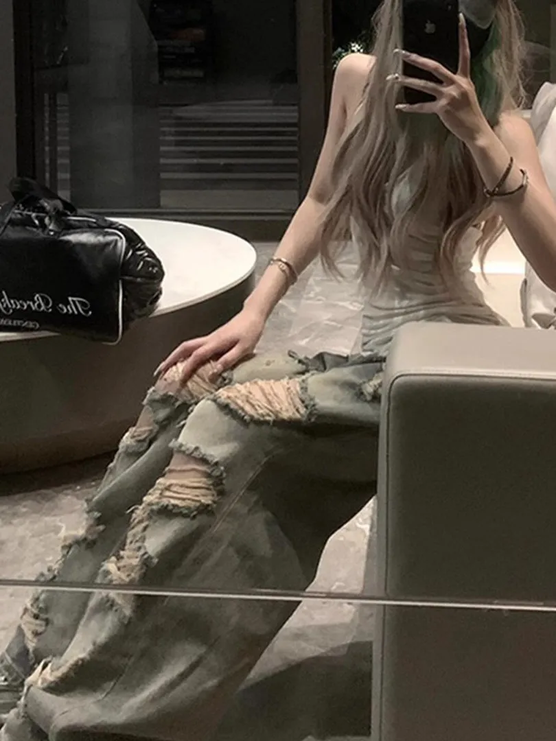 Retro Men's Wide Leg Jeans High Waist Distressed Straight Cut Summer Loose Fit Slimming Effect Casual High Street Style