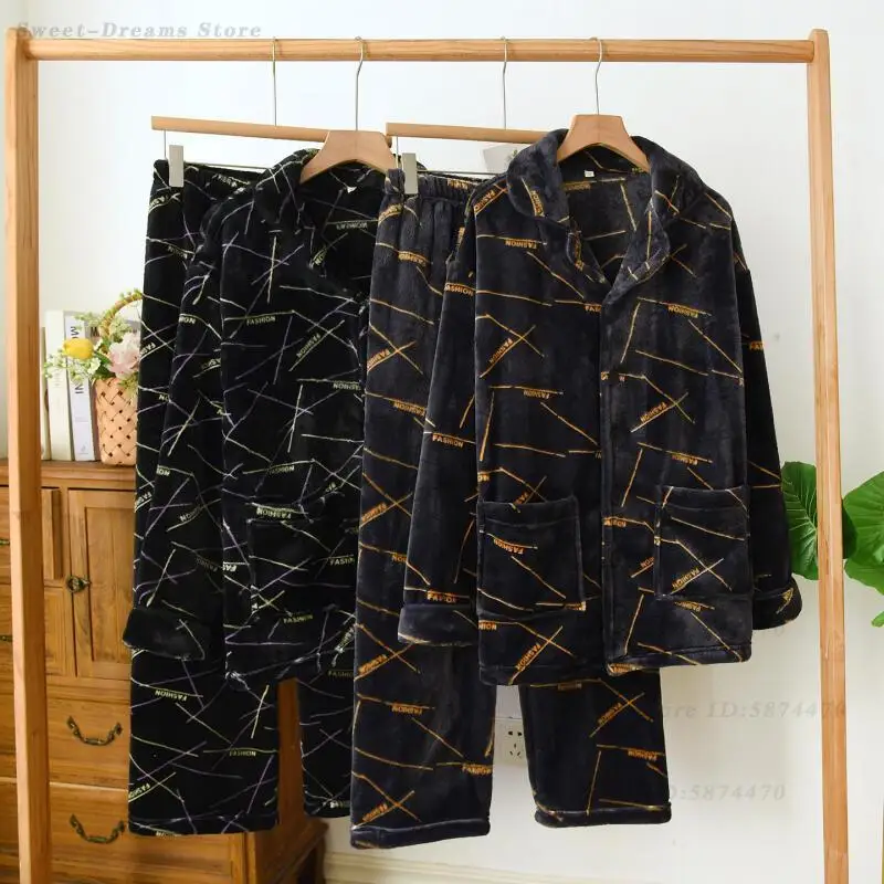 New Male Pajamas Set Coral Fleece Loungwear Autumn Winter New Sleepwear Long Sleeve Trouser Pyjamas Loose Casual Homewear Pijama