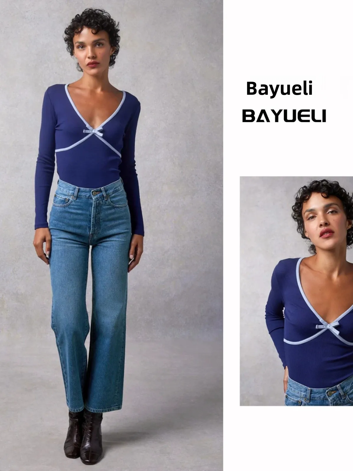 

Rouje 23 Spring Faion Slim Fit Long Sve V Ne Knot Color Blo Blue T irt Women's Casual Cotton Top