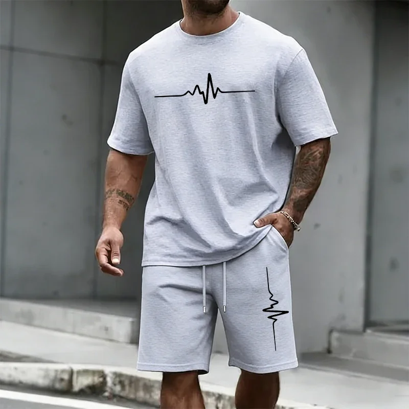 

Mens Tracksuit O-neck T-shirts Shorts 2 Pcs Set Summer Casual Short Sleeve Outfits Outdoor Sports Jogging Male Training Clothing