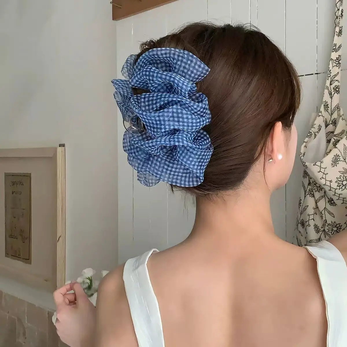 

Blue Plaid Mesh Shark Clip Korean Fashion Simple Casual Hair Grab Clip Sweet Elegant Ponytail Clip Summer Hair Style Accessories