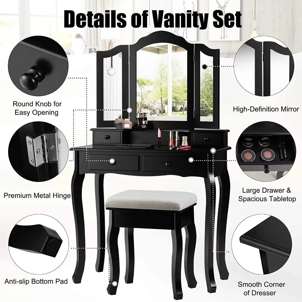 Black Dressing Vanity Desk Set with 4 Drawers and Tri-Folding Mirror Modern Makeup Table for Bedroom Bathroom