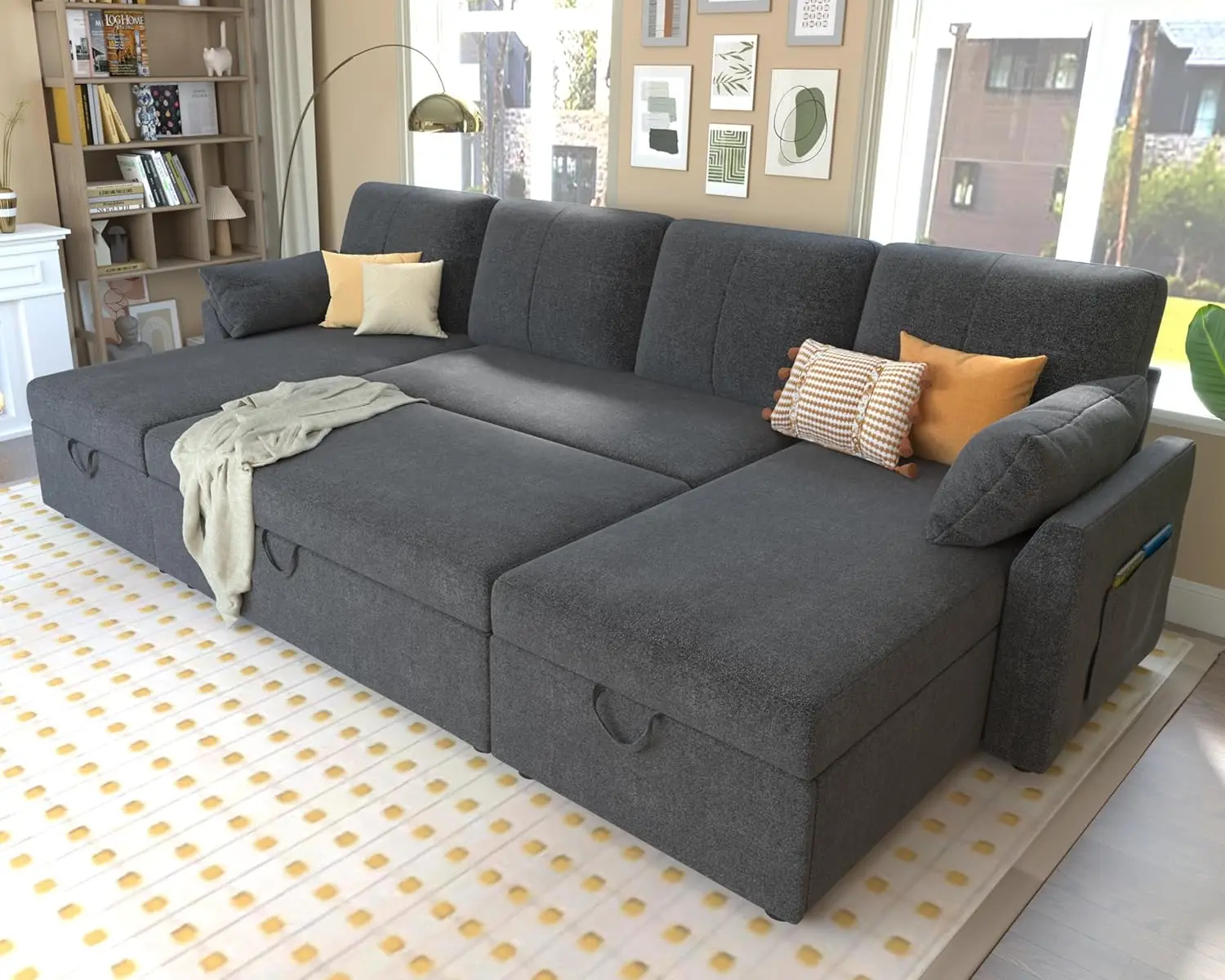 Sofá seccional para sala de estar, mueble de gran tamaño, 110 pulgadas, 2 en 1, extraíble, con doble almacenamiento, color gris