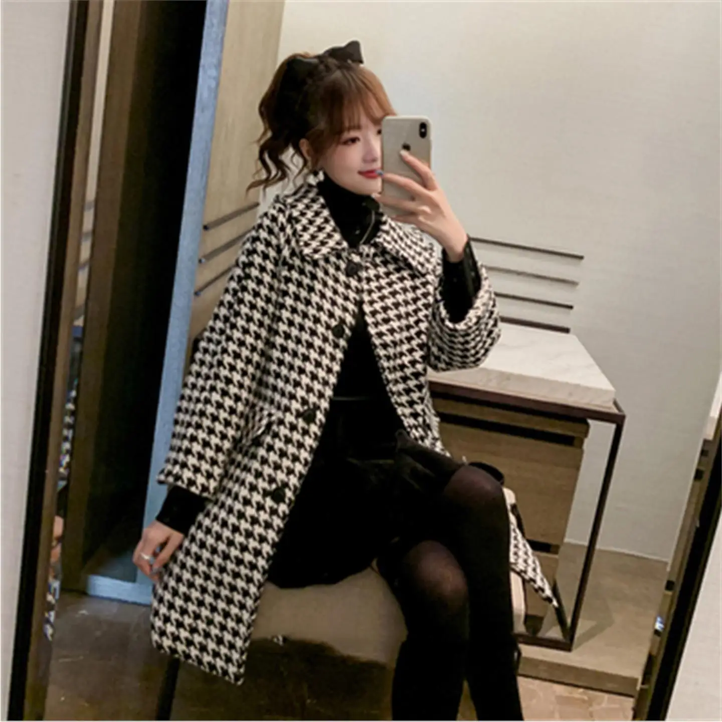 

Thiened Woolen Coat for Women Autumn Winter Plaid Single Button Turn-down Collar Mid-length Brandl Commute Sle Long Sl...