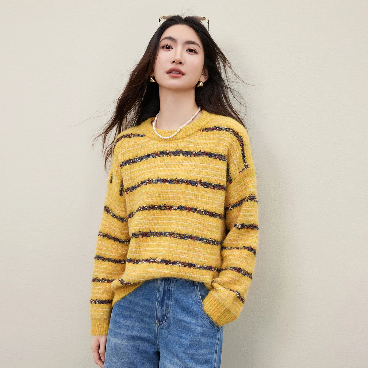 

SENTUBILA Elegant Woman Striped Top Round Neck 2025 Winter Sweater Ladies Casual Long Sleeve Wool Blend Pullovers W54EE5748