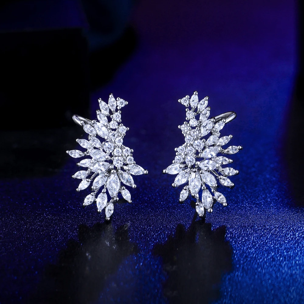 BeaQueen Brilliant White Cubic Zirconia Crystal Leaf Ear Cuff Stud Earrings Women Fashion Wedding Decor Jewelry Accessories E729