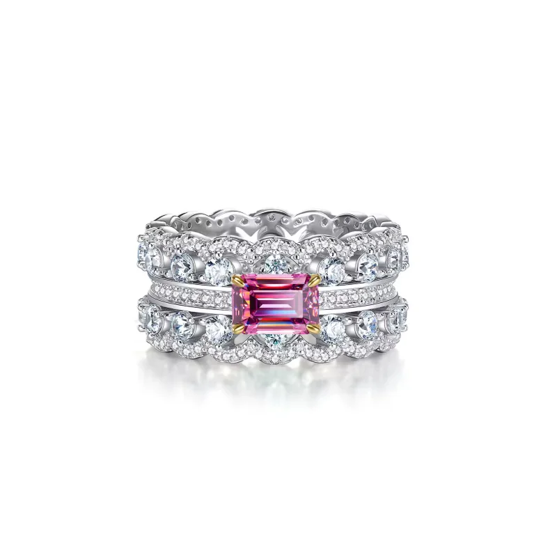 

LYCFN 6.5MM Pink Mosonite Ring Female Man with GRA S925 Silver Fine Two Row RingJewelry Wedding Party Gift