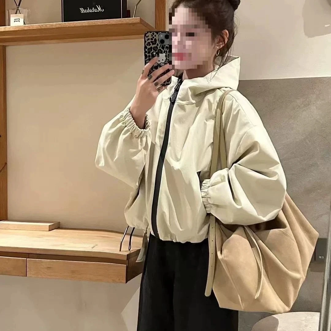 سترة نسائية فضفاضة قصيرة بقلنسوة لخريف 2026 معطف كاجوال مقاوم للرياح للتنزه سيرًا على الأقدام مع قبعة خارجية قابلة للفصل #4