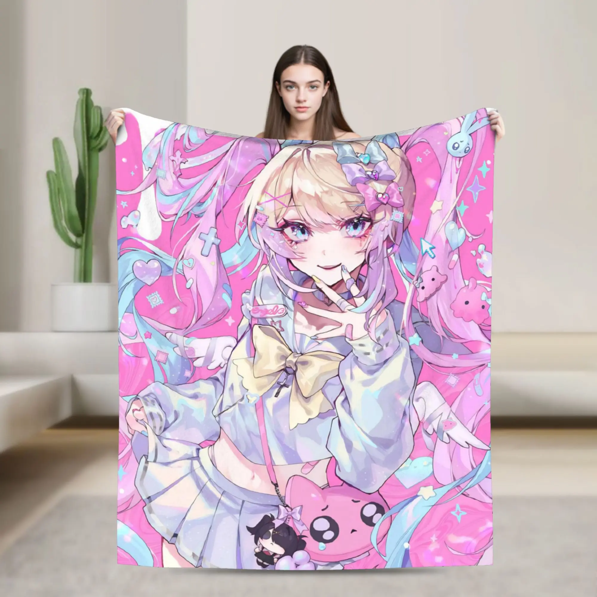 OMG kawaii Angel Knitted Blankets Flannel Needy Girl Overdose Lightweight Thin Throw Blanket for Bedroom Sofa Bedroom Quilt