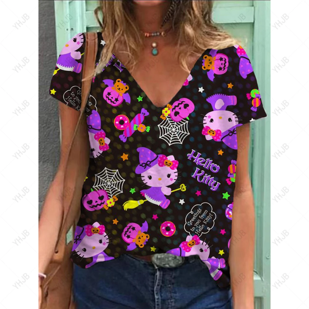 2025 Vendita calda estiva T-shirt con scollo a V da donna carina Stampa 3D Hello Kitty Cartoon T-shirt da donna Top Abbigliamento divertente Manica corta