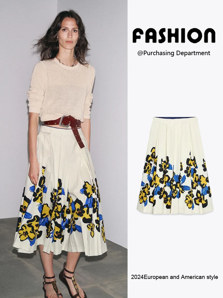 

Faionable Wide Pleated Skirt Women's New Arrival Summer Print Slimming f-length Skirt Versatile Sli 296343