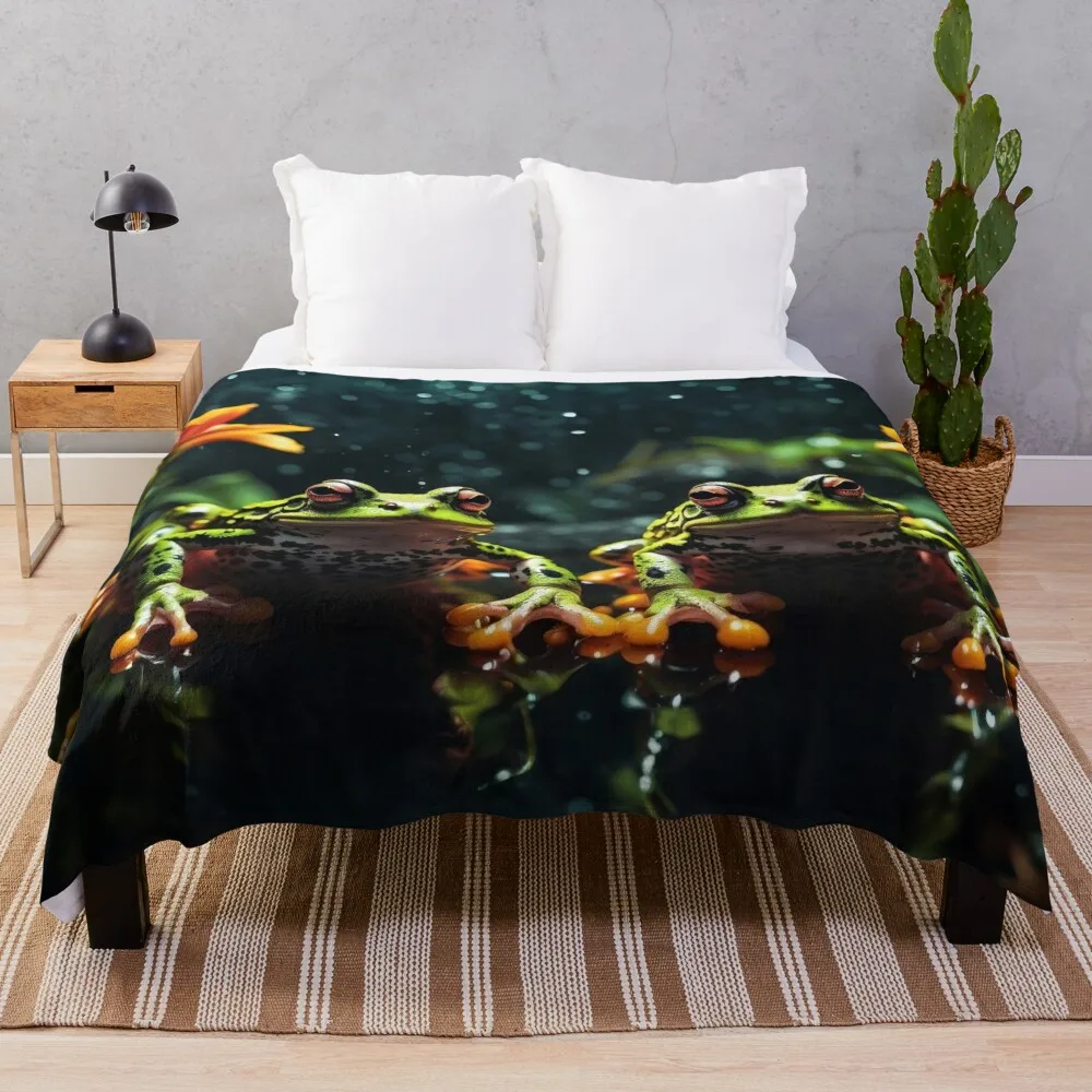 Frogs in Rainy Floral Pond Throw Blanket Quilt Bed Weighted Plush Blankets