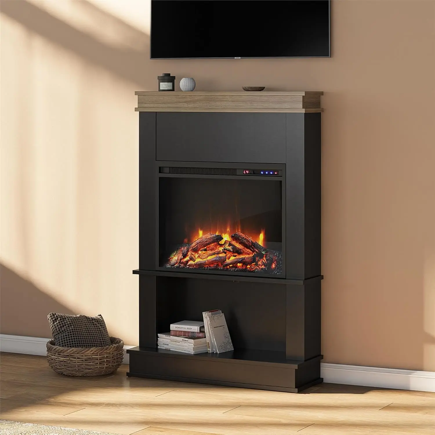 Home Mateo 30 Inch Electric Fireplace with Mantel and Shelf, Replaceable Fireplace Insert Heater, Freestanding, Remote