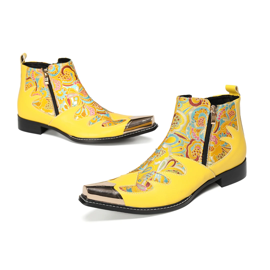 Botas Floral Embroidery Genuine Leather Ankle Boots Men Plus Size Pointed Toe Club Party Dress Shoes Motorcycle Short Boots