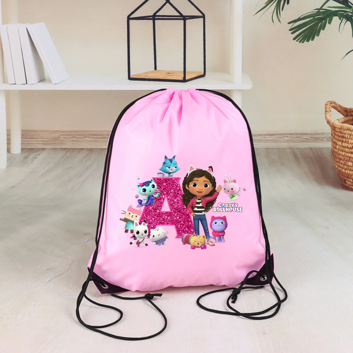 Gabbys Dollhouses Polyester Drawstring Gifts Bag Storage Pocket Backpack Bags Cute Anime Letter A-z Printed Travel Organizer Bag