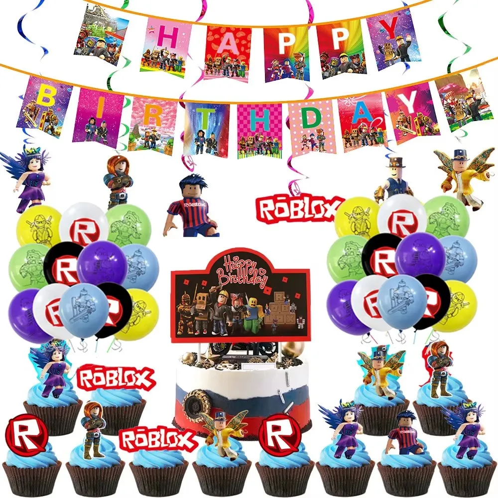 New ROBLOX Birthday Party Decoration Pull Flag Banner Balloon Cake Topper Set Party Supplies Girls Kids Boys Favor Gift Game DIY