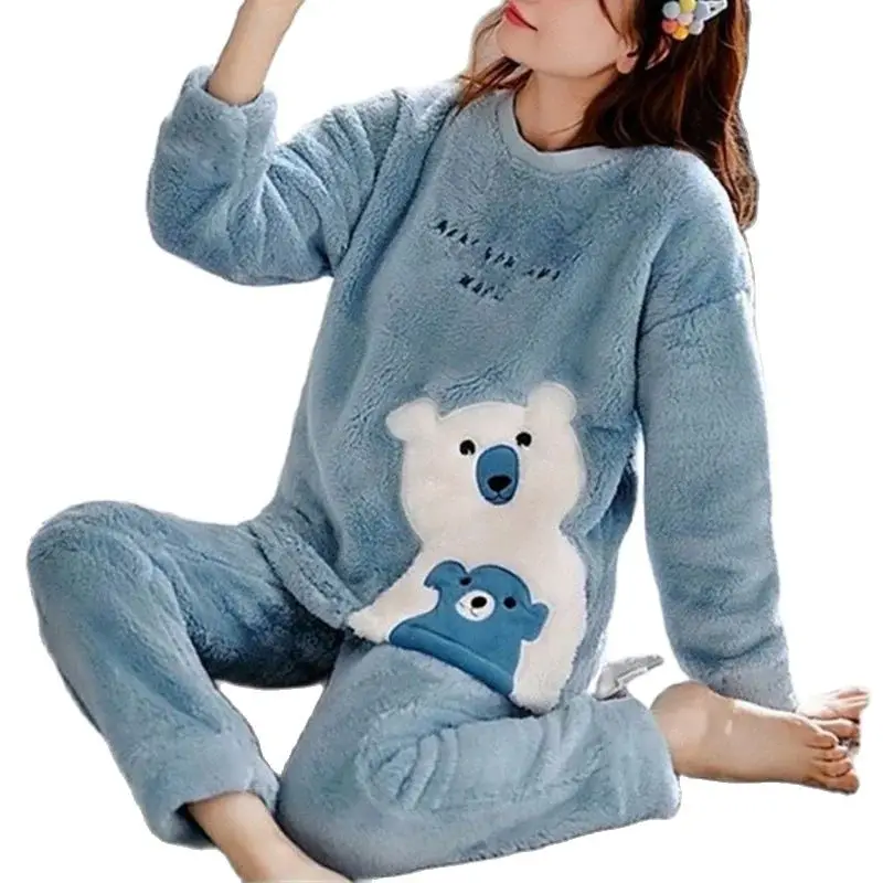 Verdickter warmer Flanell Herbst Winter Plus Size Pyjama 2XL Langarmanzug Blauer Cartoon Bär Homewear Schule Loungewear – Detail 8