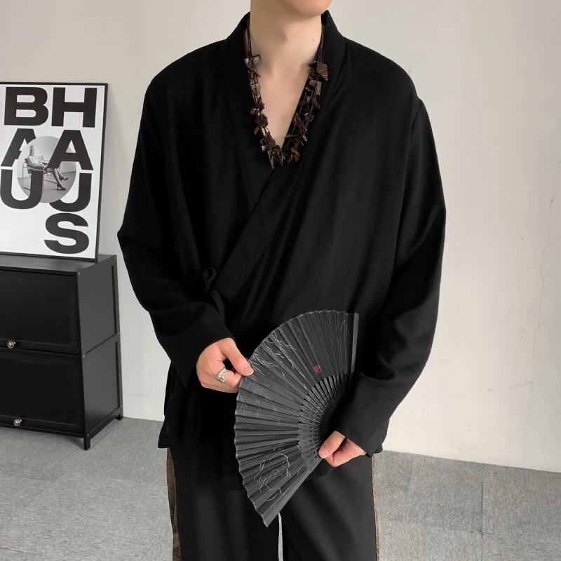 2026 Spring Chinese Style Shirts Men Traditional Japanese Samurai Cardigan Vintage Hanfu Male White Shirt Mens Kimono Shirt