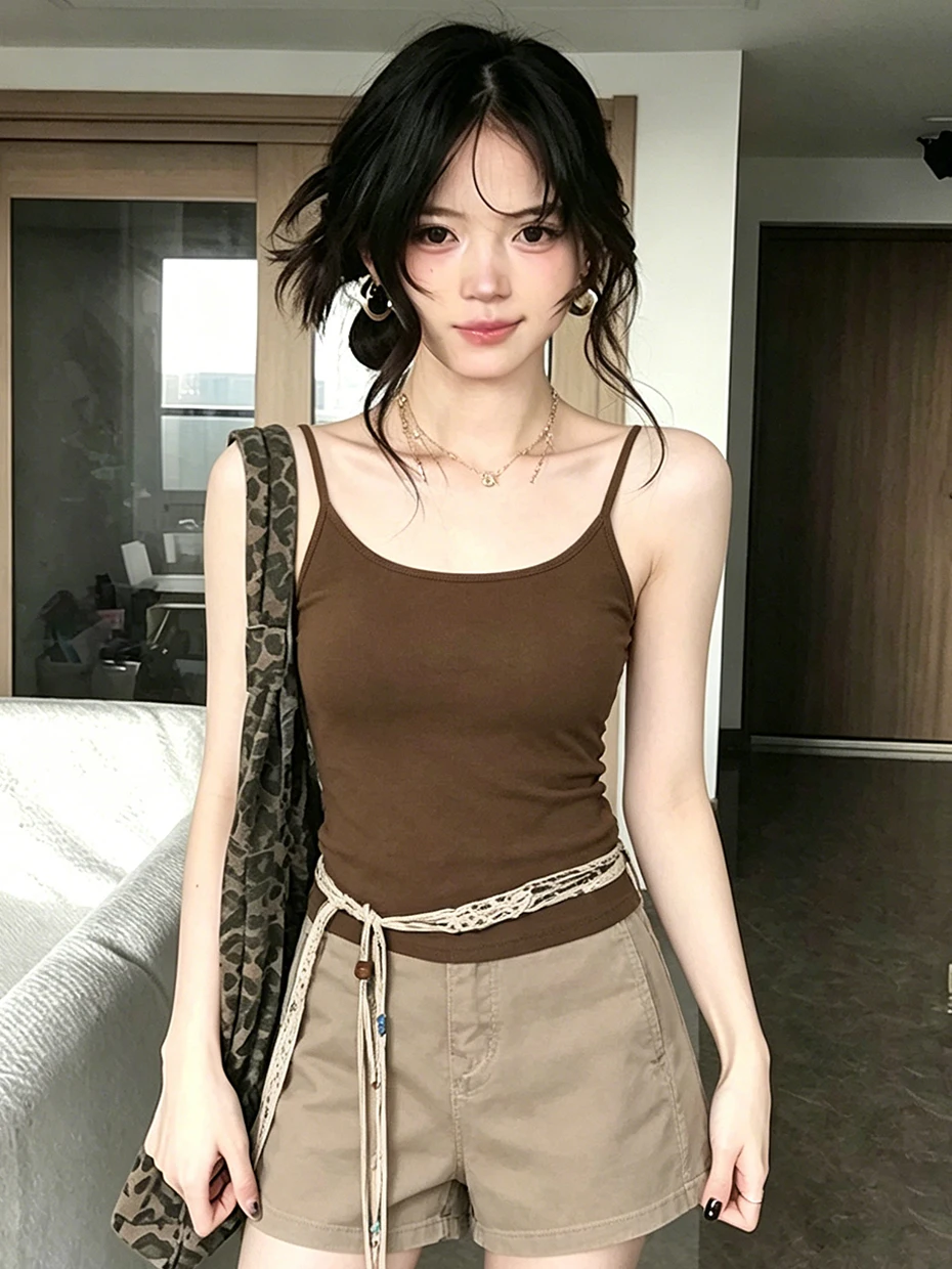 Red Spicy Girl  Strap Vest Women's Outerwear with Chest Pad Summer Bra Integrated Base Beautiful Short Top