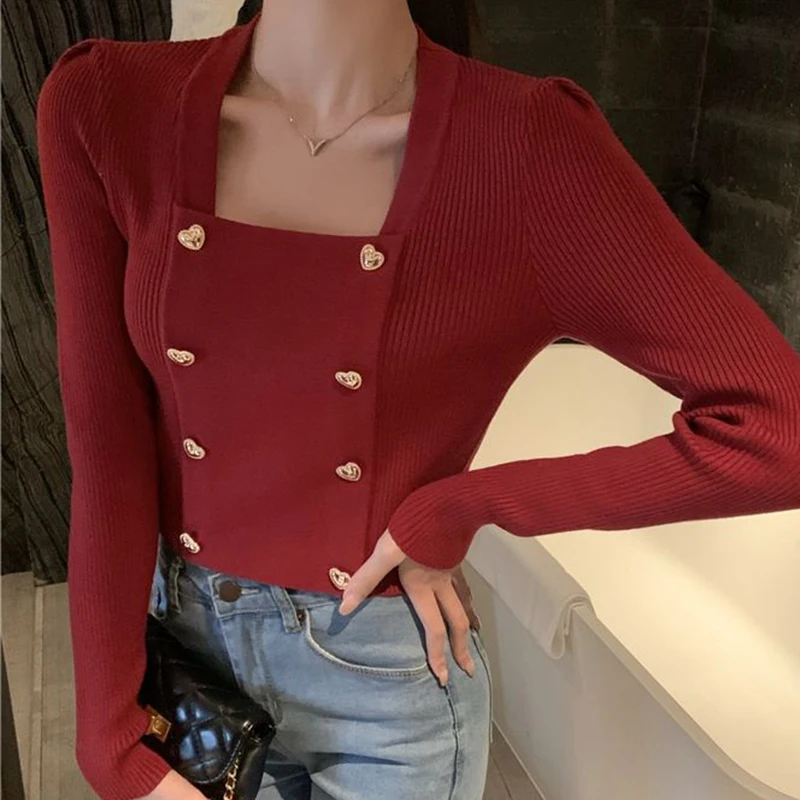 เสื้อสเวตเตอร์ถักคอเหลี่ยมสีดำขาวสำหรับผู้หญิง แฟชั่นเกาหลี ฤดูใบไม้ร่วง ฤดูหนาว เสื้อครอปติดกระดุม แขนยาว ทรงเข้ารูป