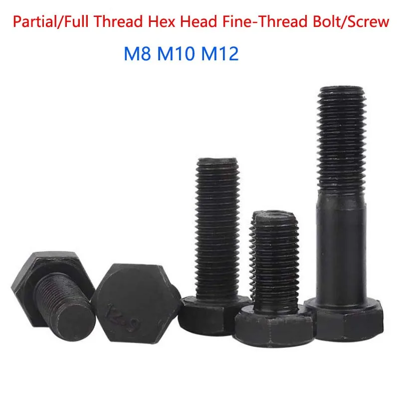 Black Partial/Full Thread Hex Head Fine-Thread Bolt/Screw Fine Thread External Hexagon Screw M8 M10 M12 Pitch 1/1.25/1.5mm