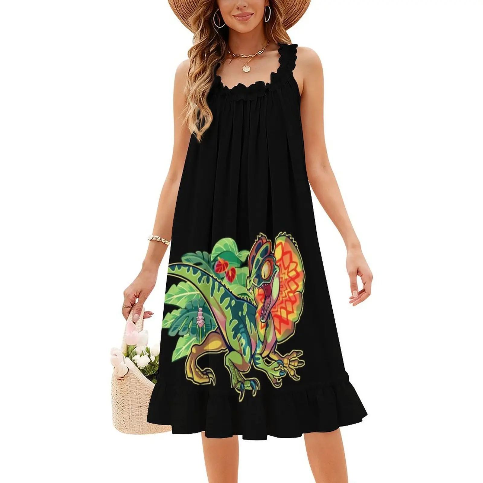 Dilophosaurus فستان بفتحة عنق على شكل قلب فستان أنيق للحفلات الصيفية للنساء Dilophosaurus ديناصور الديناصورات دينو أنثى #4