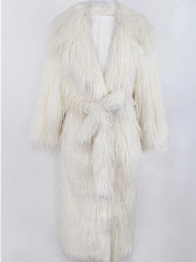 Winter Thick Warm Long Haired Synthetic Fur Solid Color Black White Loose Fluffy Lace Up Mysterious Comfortable Commuting Coat