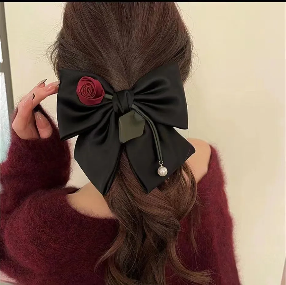 Vintage Romantic Rose Hair Clip Hairpins Pearl Fabric Black Bow Hair Clip Girl Women Hair Bow Headwear Hair Accessories Headwear