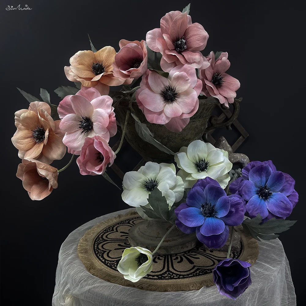 SunMade New Luxury Classical 3 Heads Anemone Branch Fake Flowers Home Wedding Decoration Fall Decor Blue Flores Artificiales