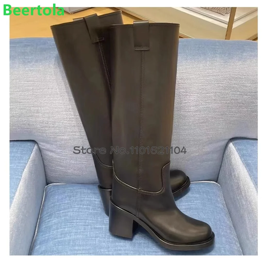 Bottes au genou à enfiler pour femmes, chaussures monochromes, noir, talon carré, rond, Parker, élégant, design de luxe, femme, mode, hiver, nouveau, 2024