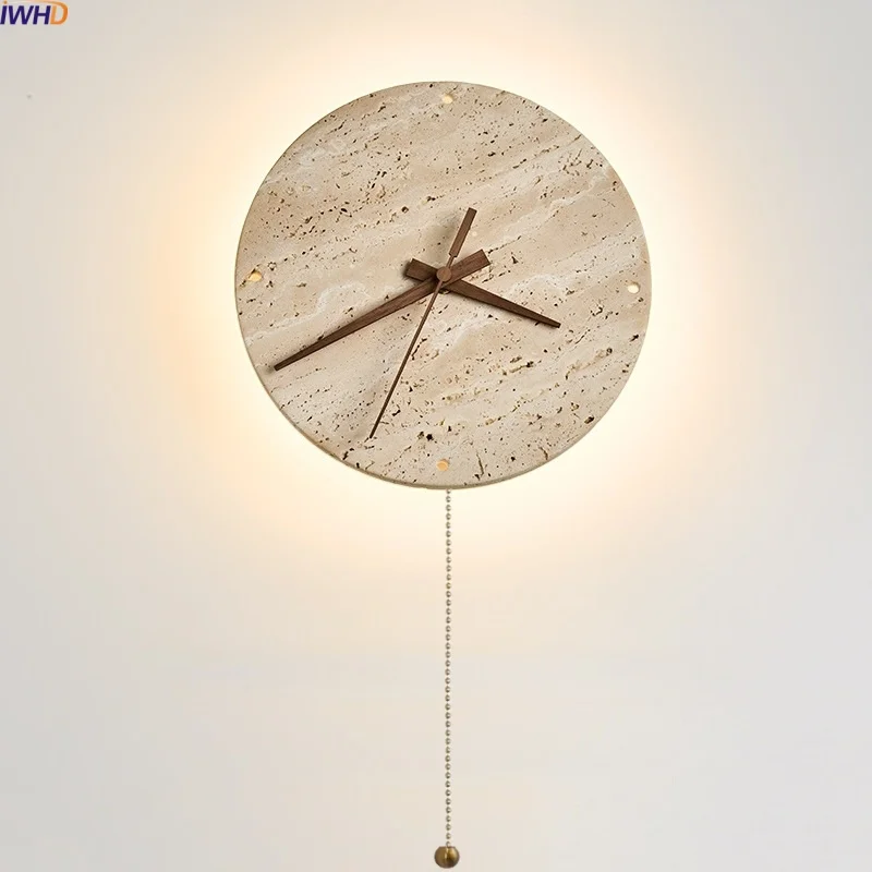 

IWHD Stone Clock LED Wall Lights Indoor Yellow Travertine Stone Wooden Pointer Wabi Sabi Living Room Bedside Lamp Aplique Pared